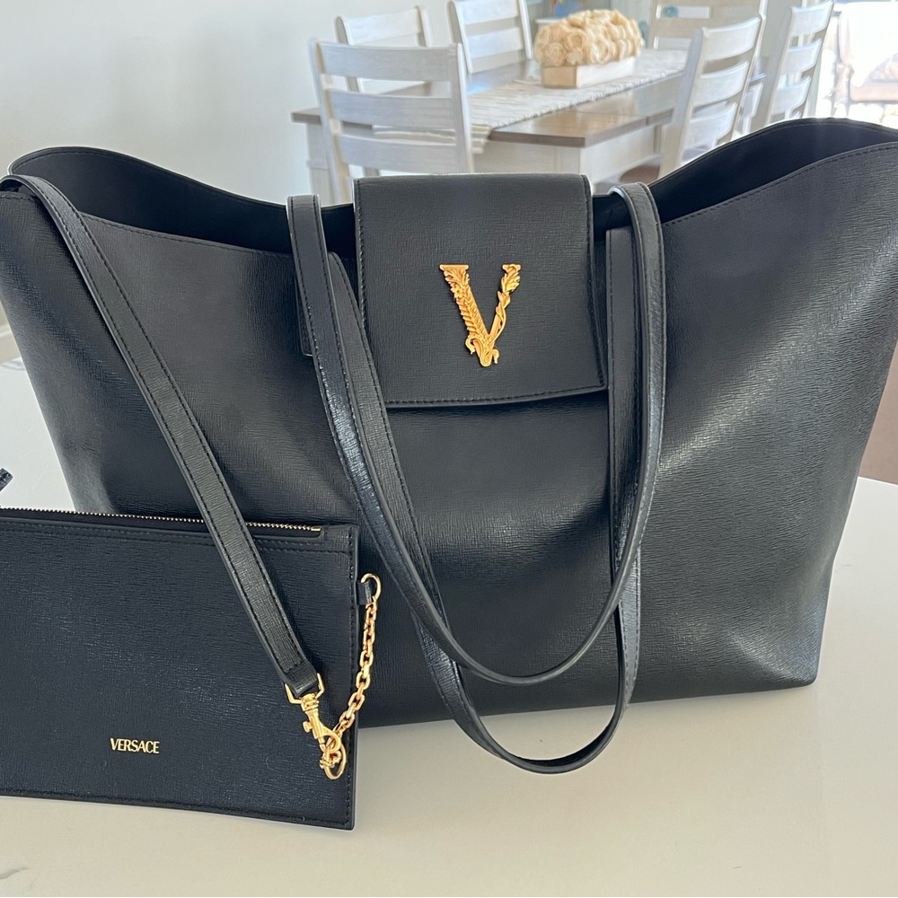 Versace Virtus Grained Calfskin Tote with Barocco V Gold-Tone Hardware